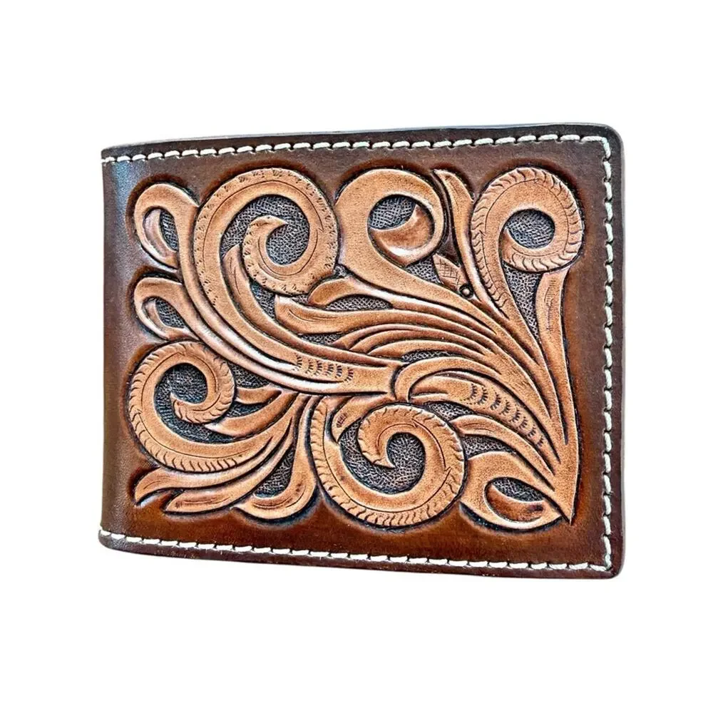 Hand Tooled Leather Money Clip Wallet Buffalo Blanket Inlay Handmade Western